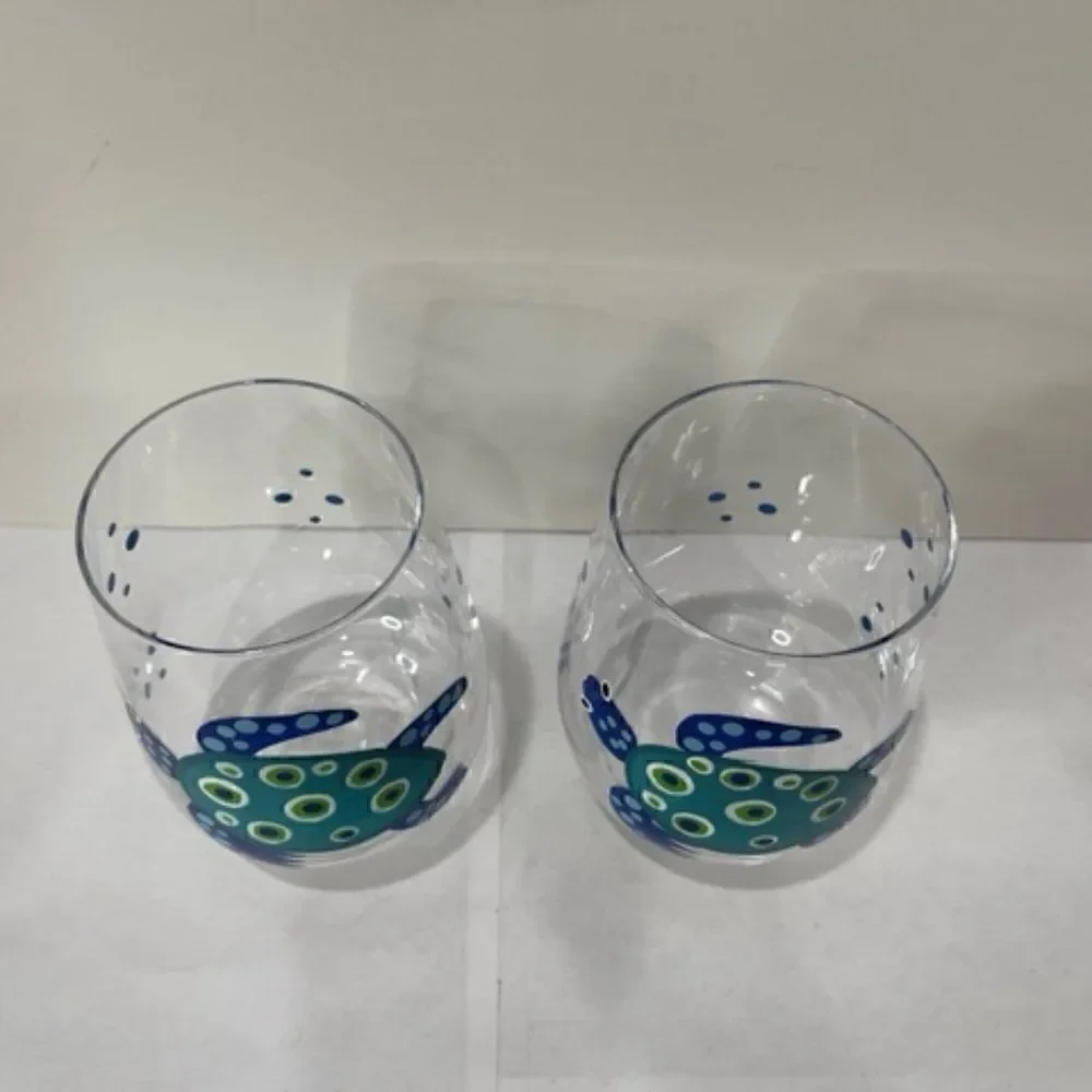 2 Stemless Wine Glasses Turtle - Blue December Diamonds New NWT Excellent - New